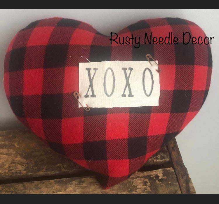 Handmade Buffalo Plaid XOXO Heart Valentine Pillow