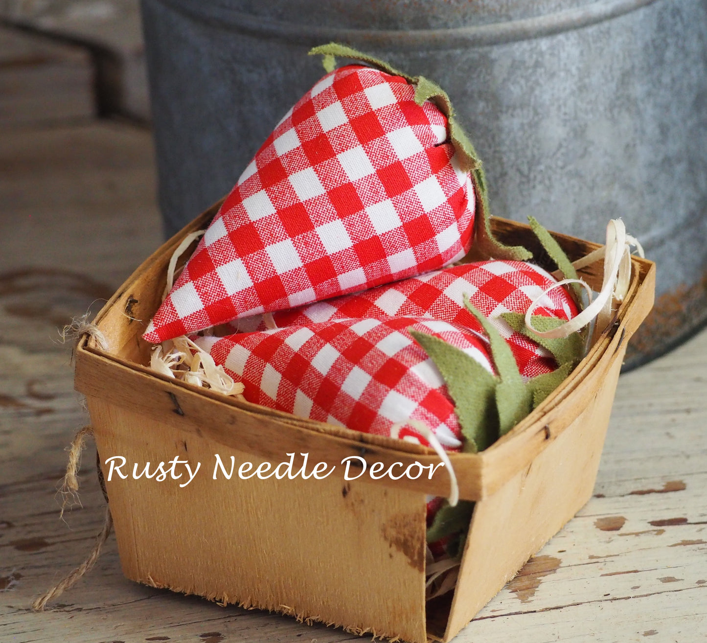 Vintage Strawberry Basket with 3 handmade strawberries