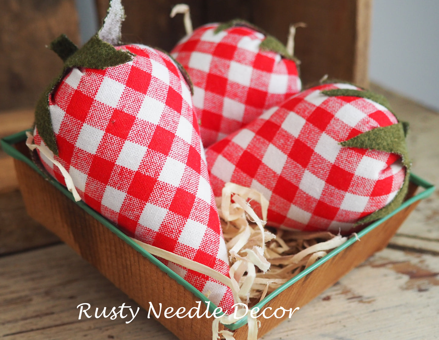 Vintage Strawberry Basket with 3 handmade strawberries