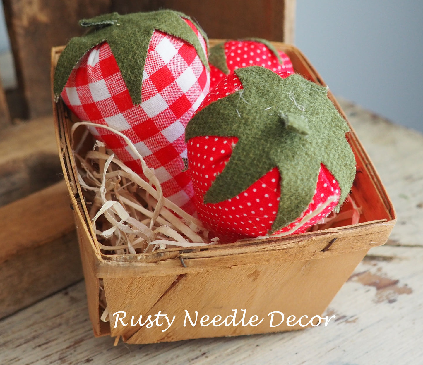 Vintage Strawberry Basket with 3 handmade strawberries