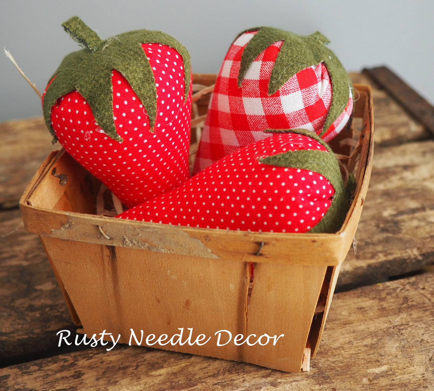 Vintage Strawberry Basket with 3 handmade strawberries