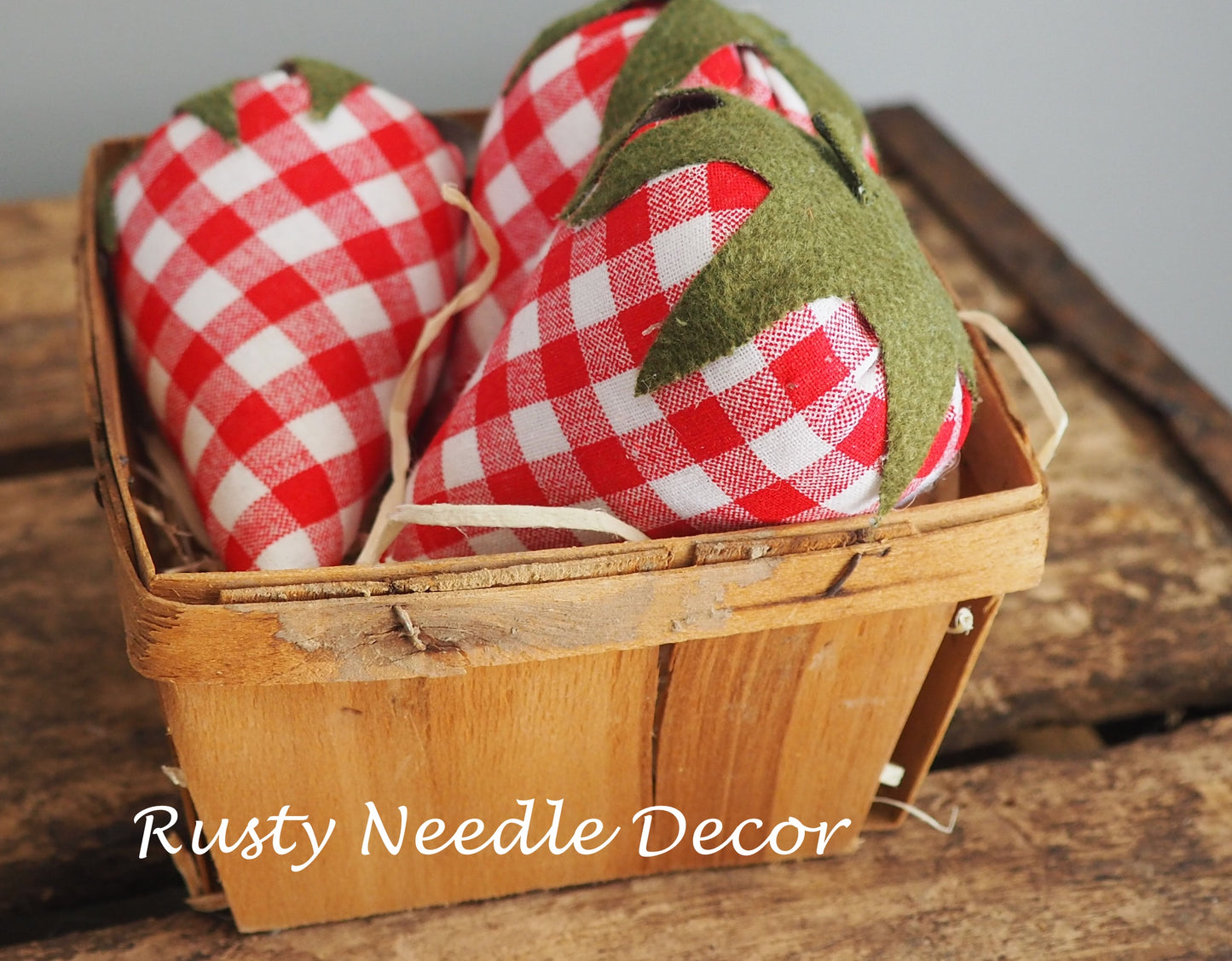 Vintage Strawberry Basket with 3 handmade strawberries