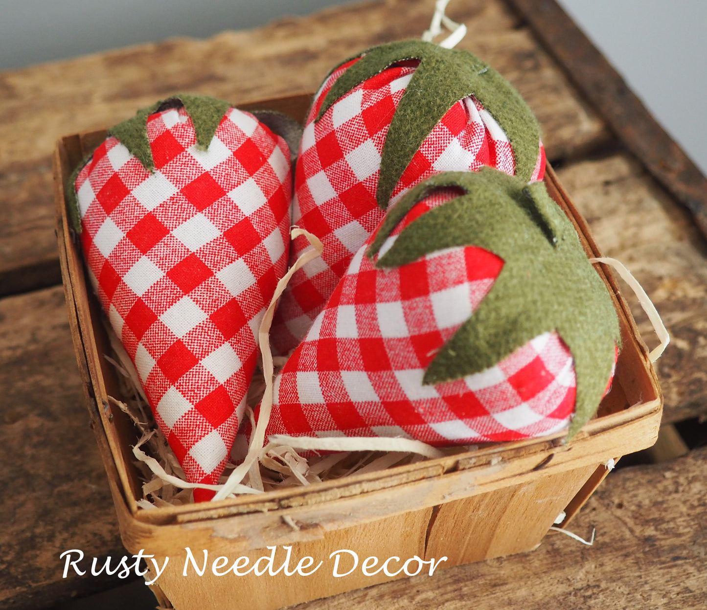 Vintage Strawberry Basket with 3 handmade strawberries