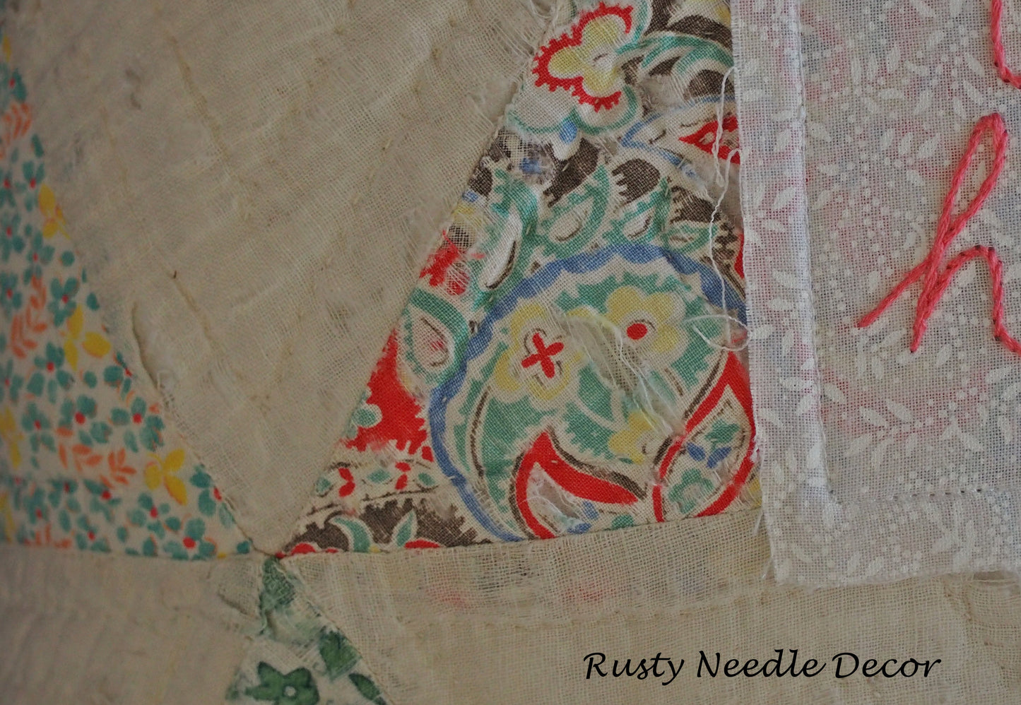 Handmade vintage quilt embroidered Bless This House pillow