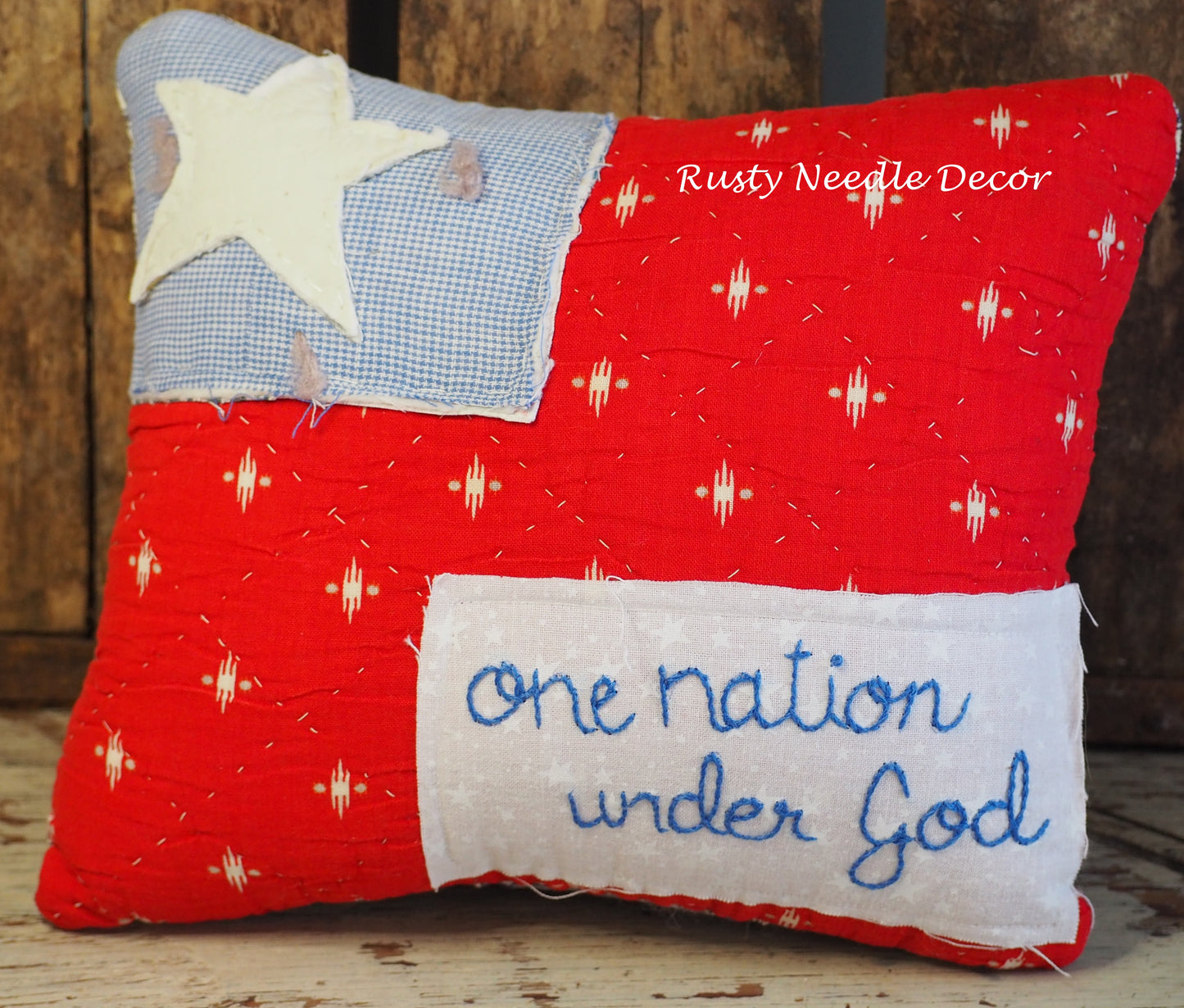 Handmade vintage quilt embroidered American Flag pillow