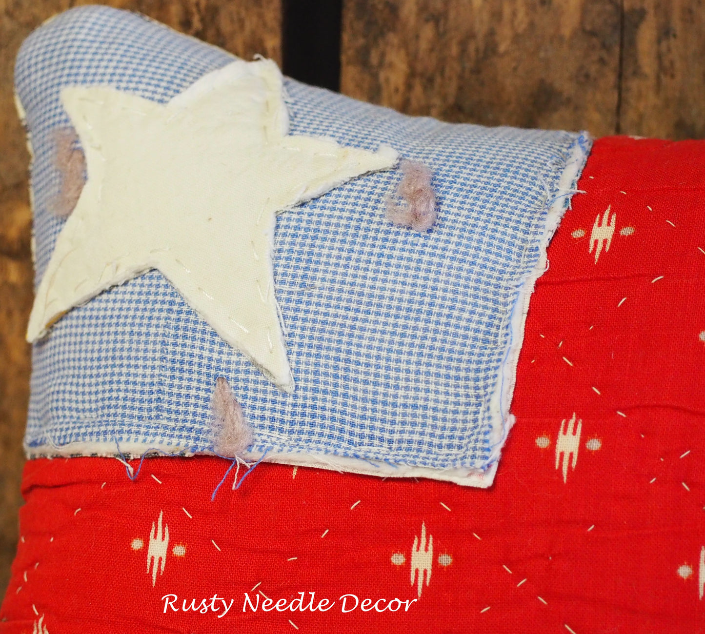 Handmade vintage quilt embroidered American Flag pillow