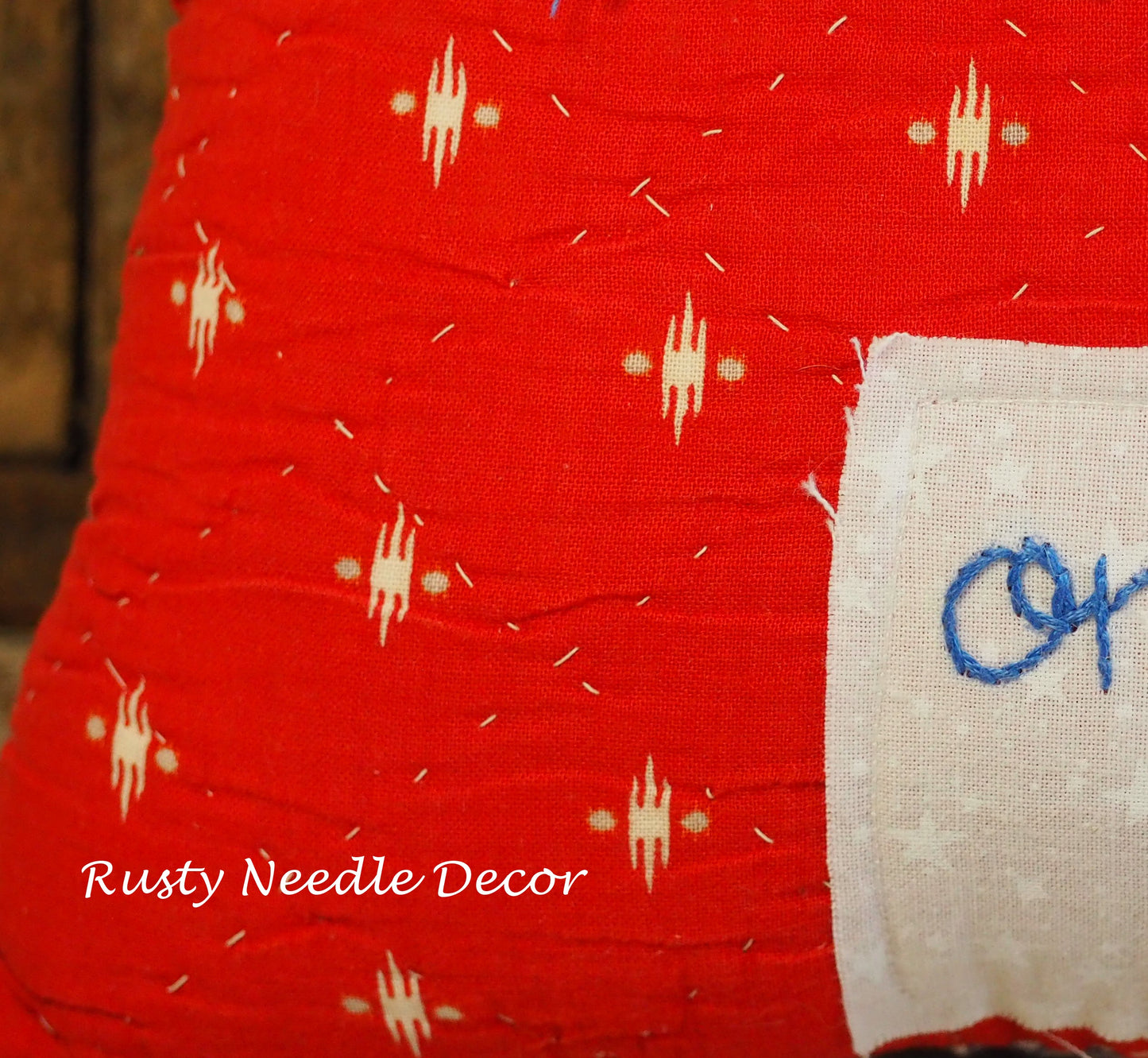 Handmade vintage quilt embroidered American Flag pillow