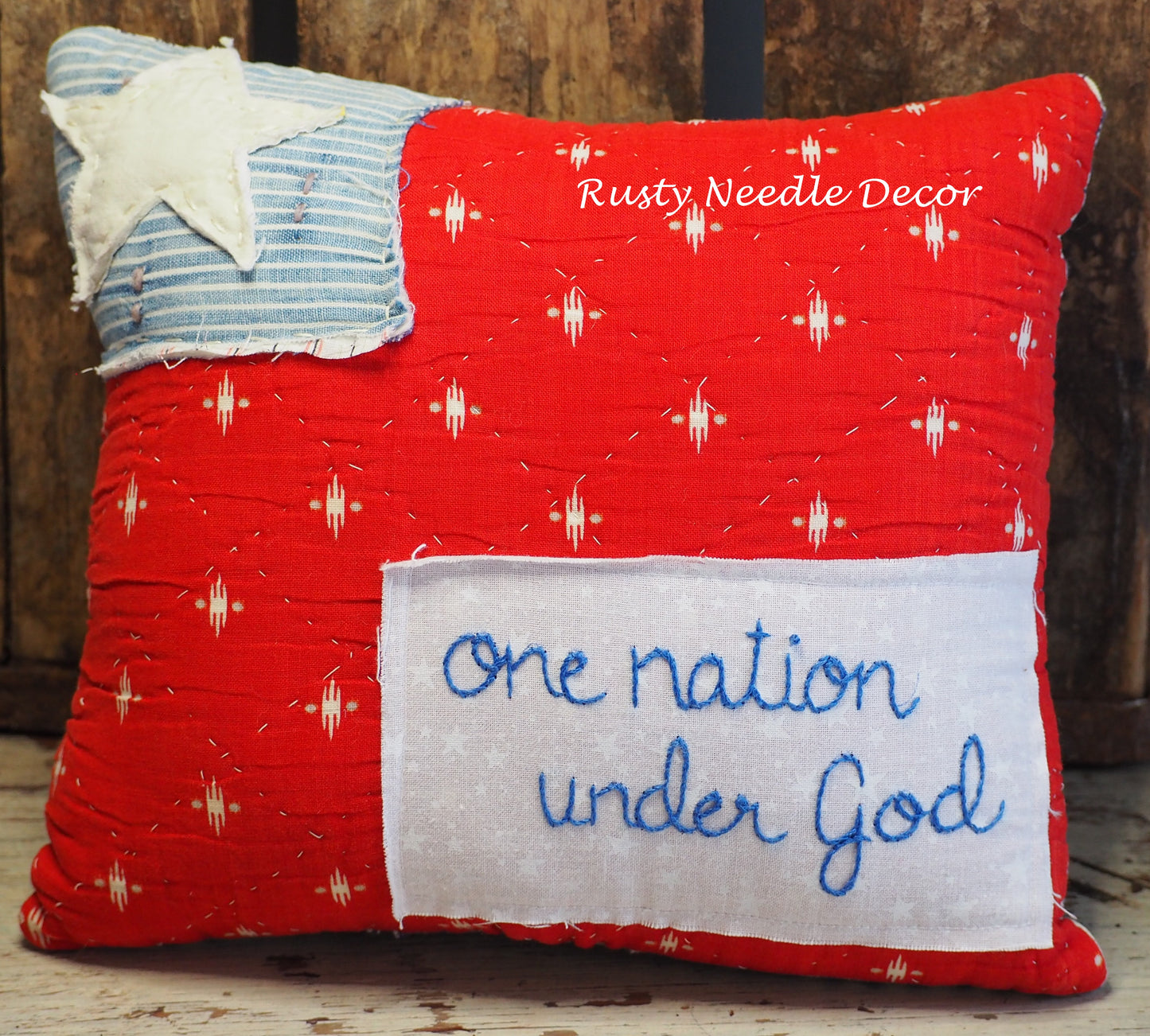 Handmade vintage quilt embroidered American Flag pillow