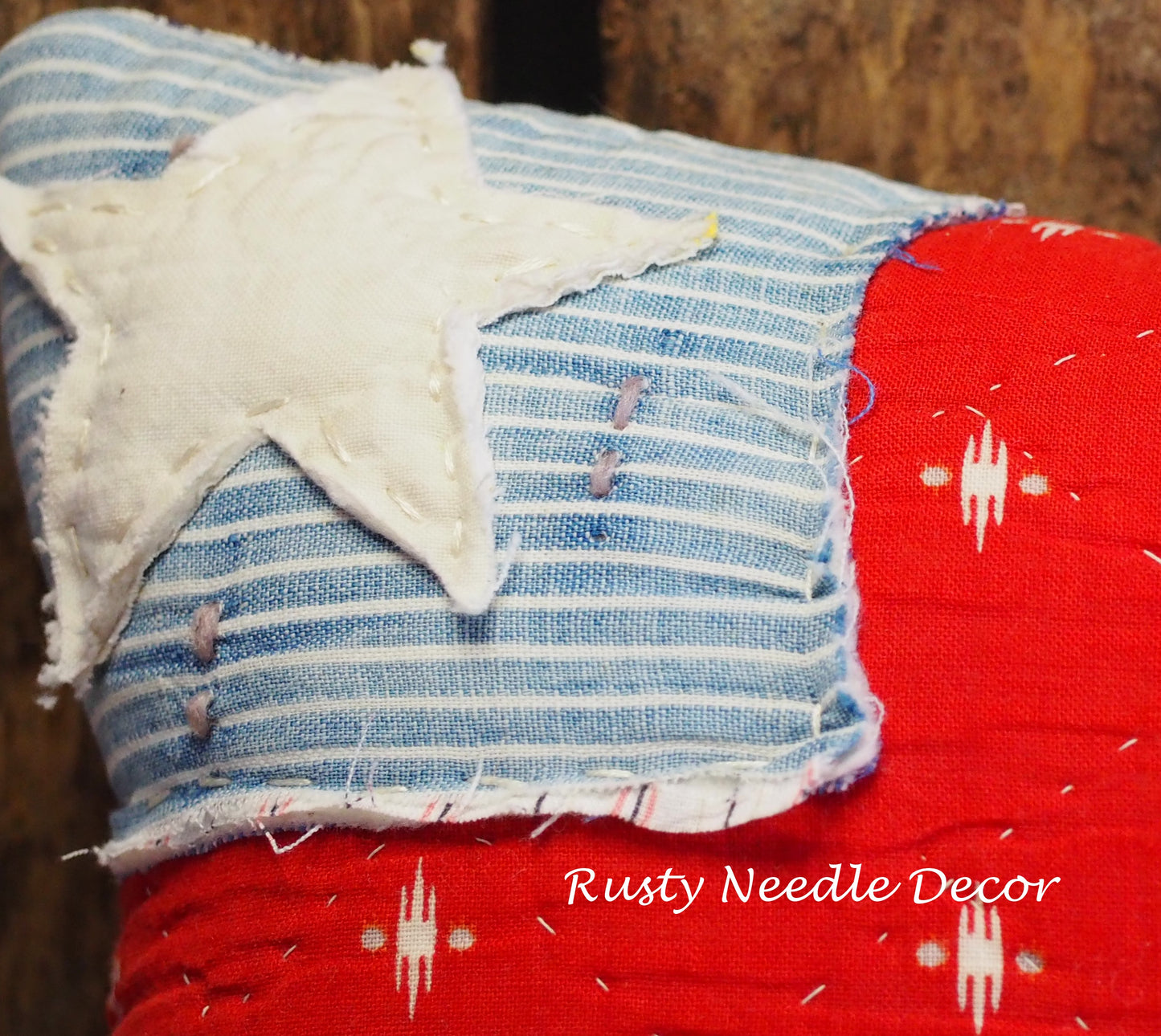 Handmade vintage quilt embroidered American Flag pillow