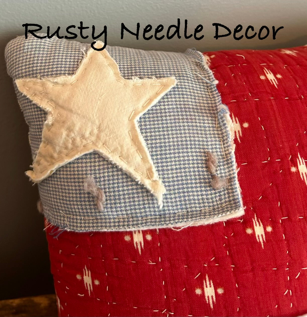 Handmade vintage quilt  embroidered American Flag pillow