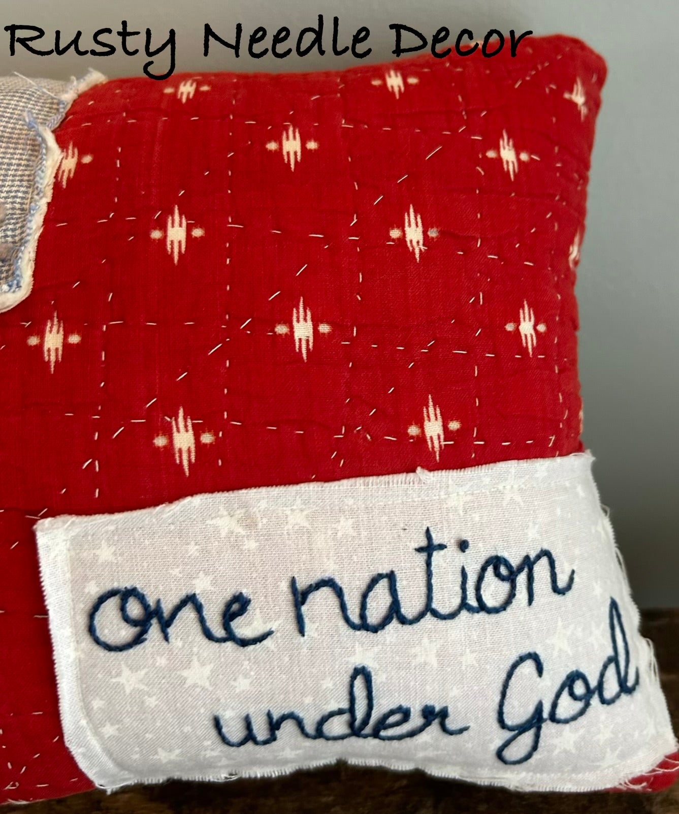 Handmade vintage quilt  embroidered American Flag pillow