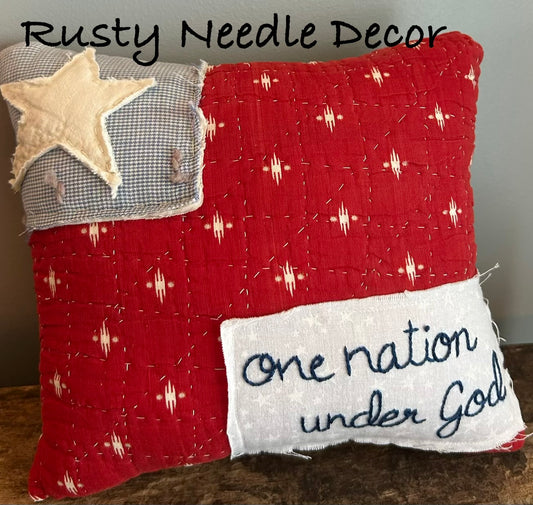 Handmade vintage quilt  embroidered American Flag pillow