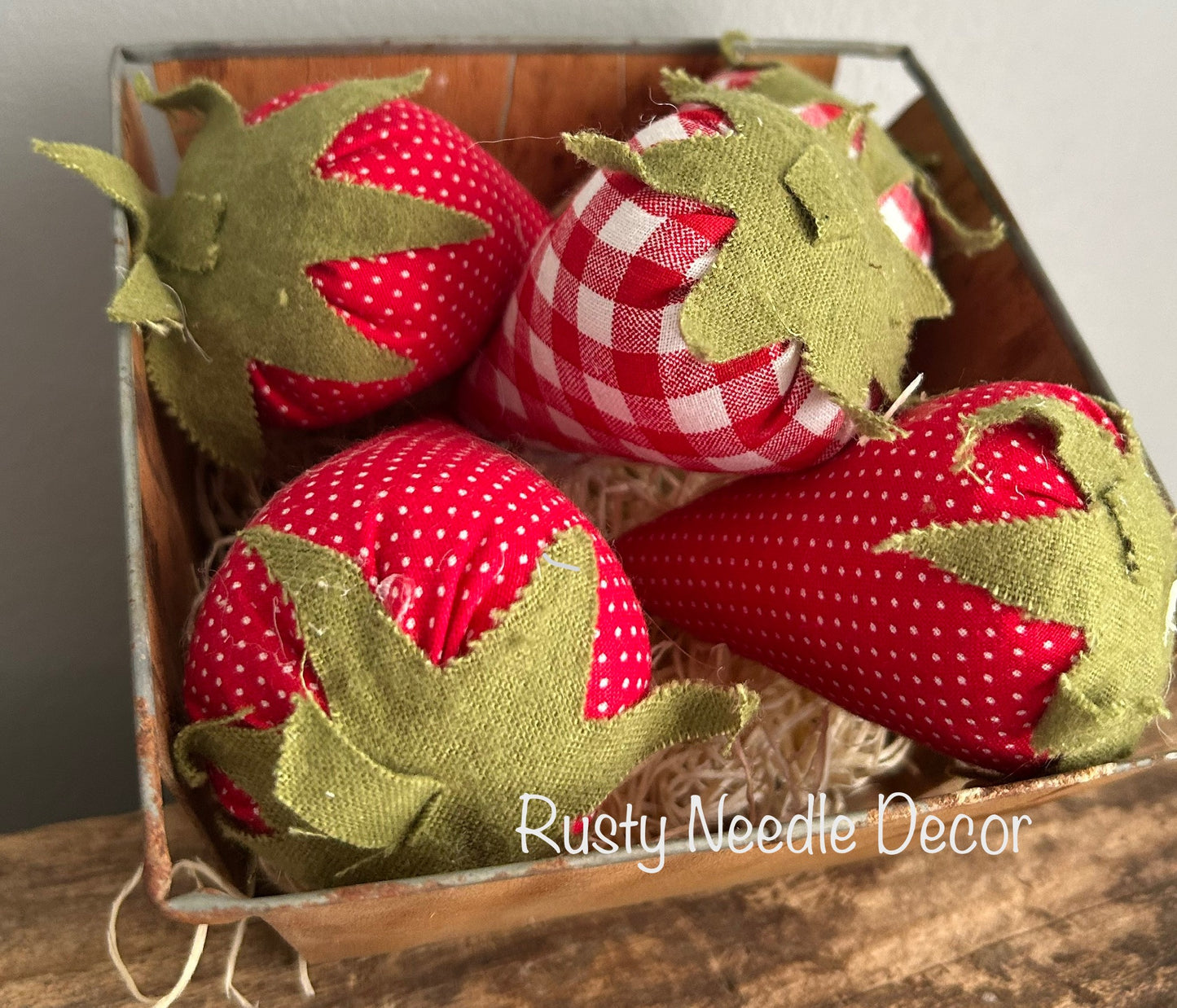 Vintage Wood Berry Basket with 5 Handmade Fabric Strawberries