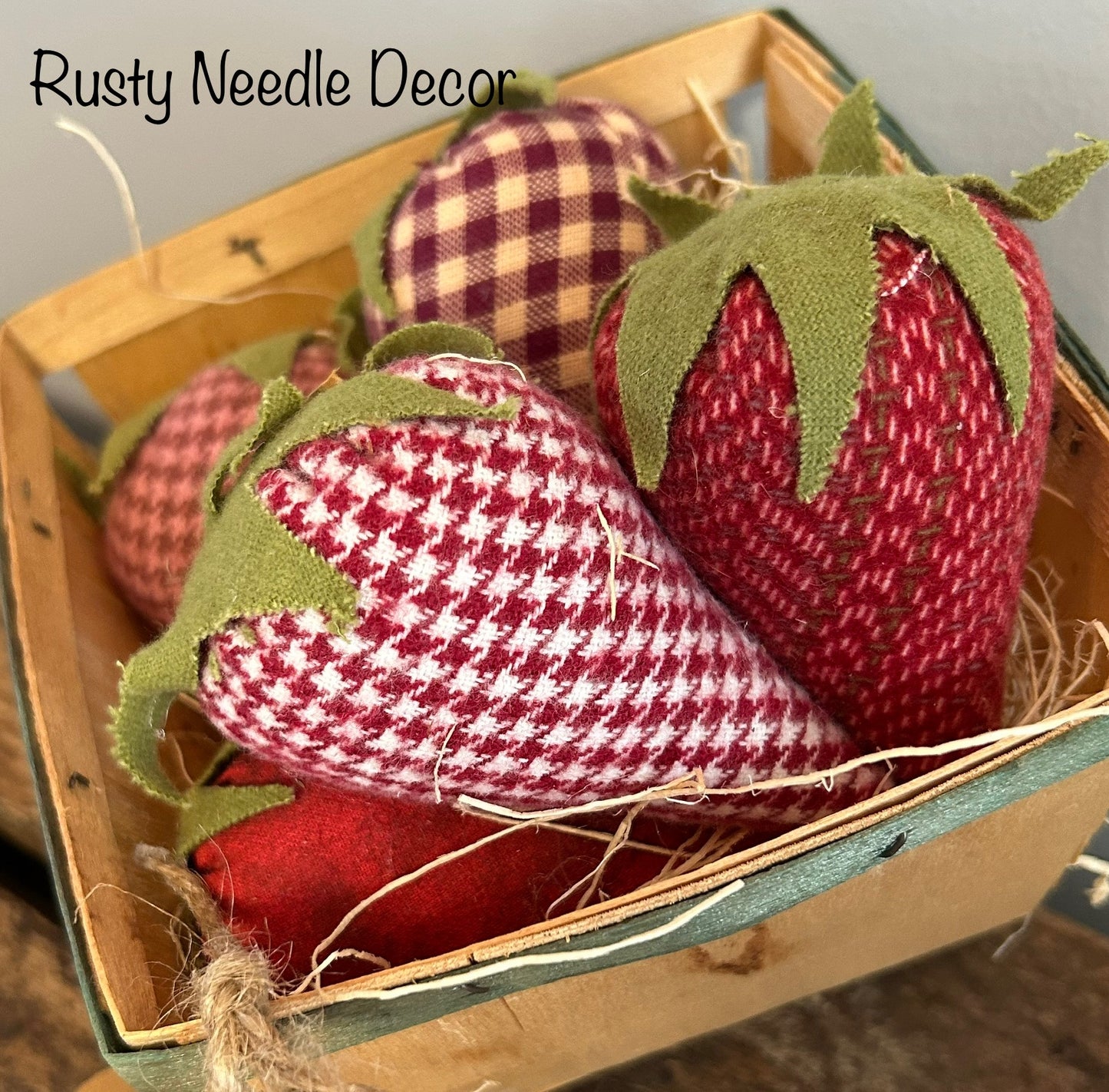 Vintage Wood Berry Basket with 5 Handmade Fabric Strawberries