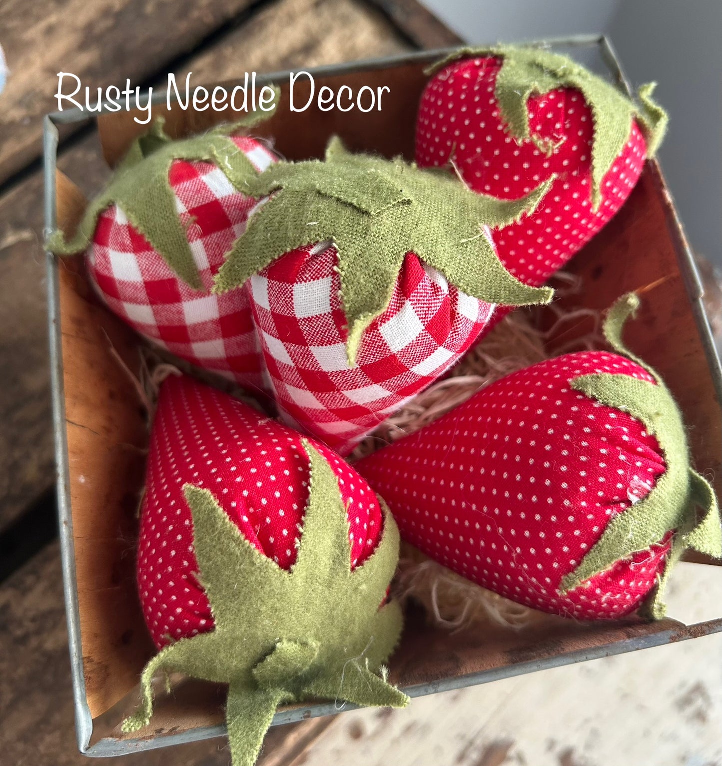 Vintage Wood Berry Basket with 5 Handmade Fabric Strawberries
