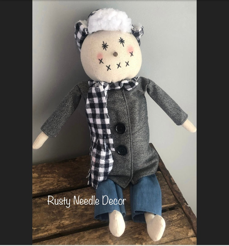 Hand Made Stuffed Snowman with Flap Cap and Handmade Coat