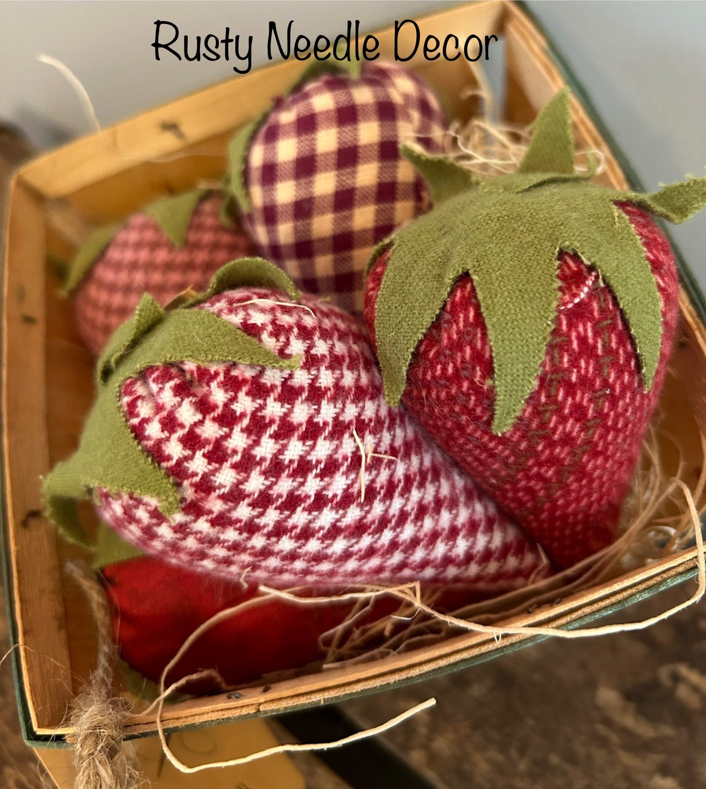 Vintage Wood Berry Basket with 5 Handmade Fabric Strawberries