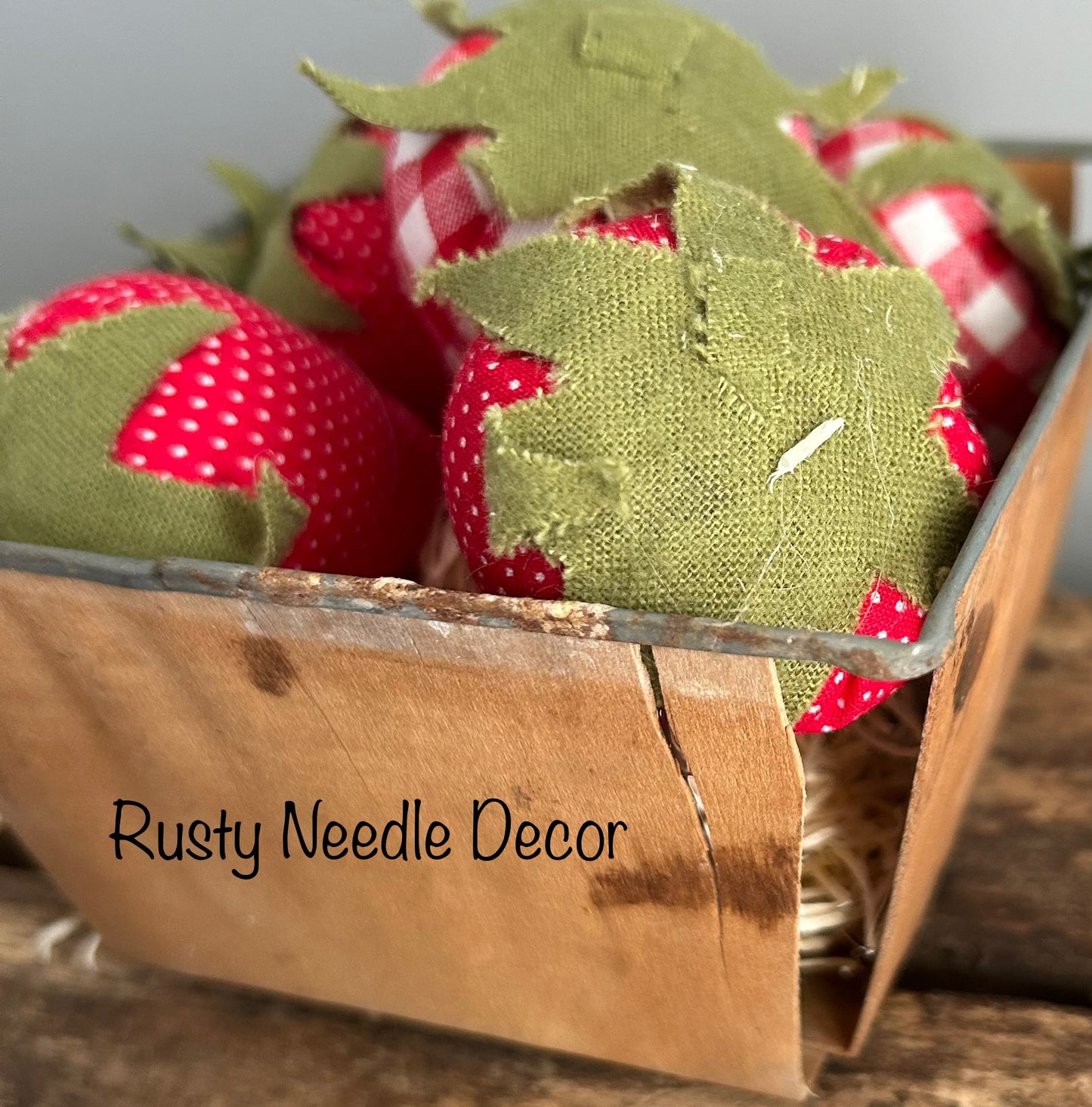 Vintage Wood Berry Basket with 5 Handmade Fabric Strawberries