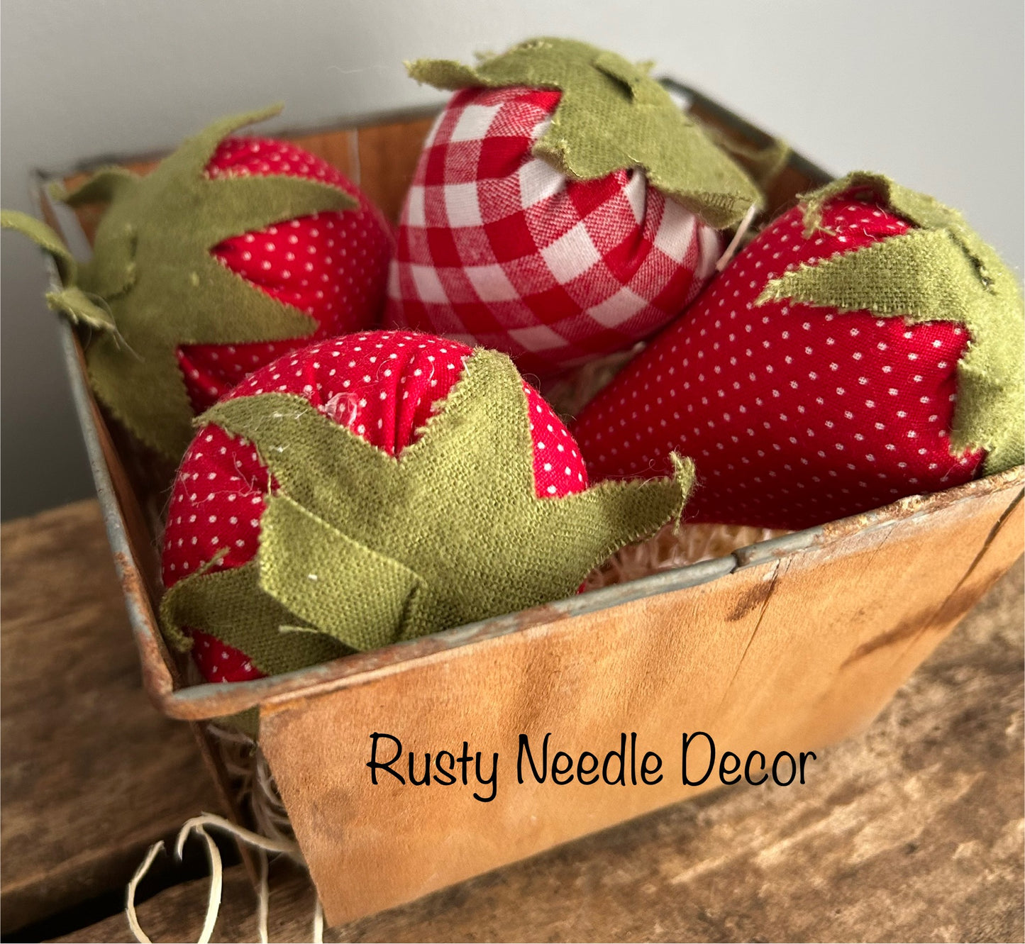 Vintage Wood Berry Basket with 5 Handmade Fabric Strawberries