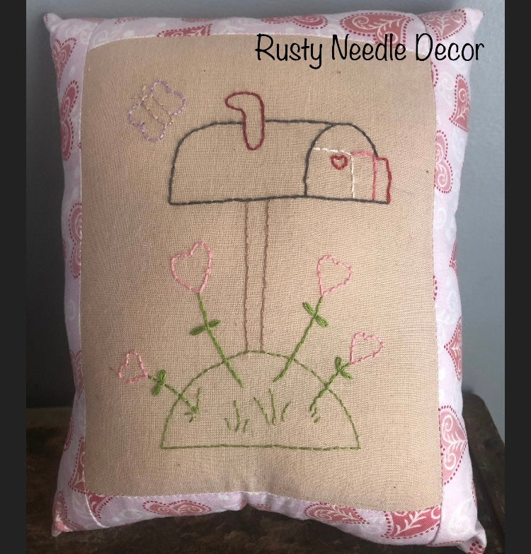 Hand Embroidered Valentine Mailbox Pillow