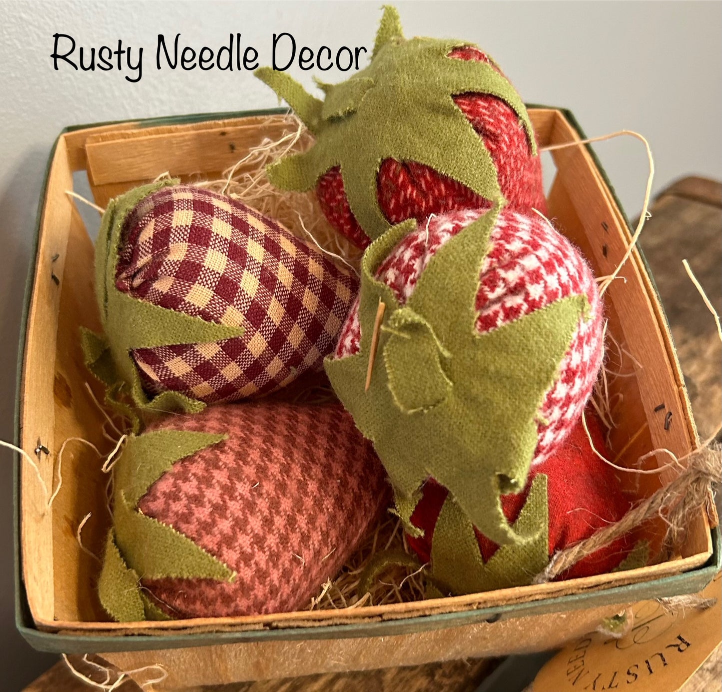 Vintage Wood Berry Basket with 5 Handmade Fabric Strawberries