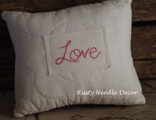 Valentine Love Vintage Quilt Hand Embroidered Pillow