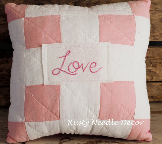 Valentine Love Vintage Quilt Hand Embroidered Pillow