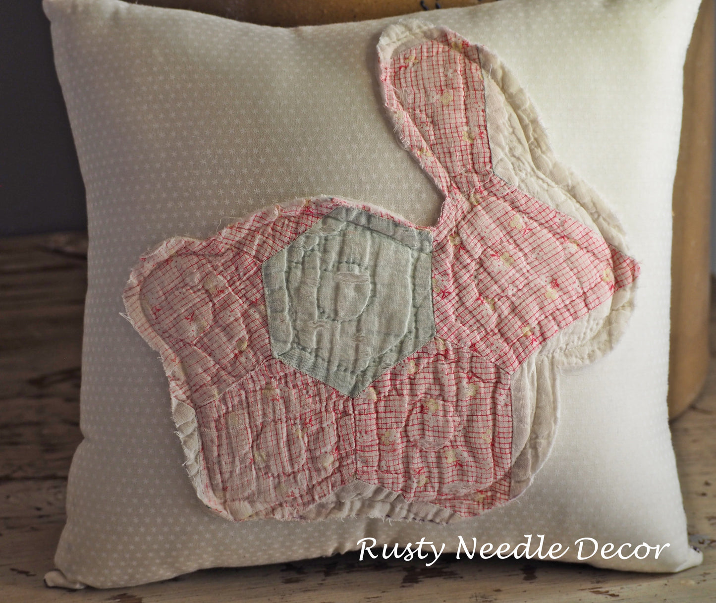 Hand made pillow with antique vintage quilt bunny