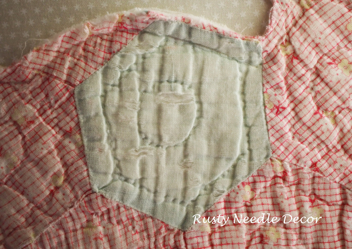 Hand made pillow with antique vintage quilt bunny