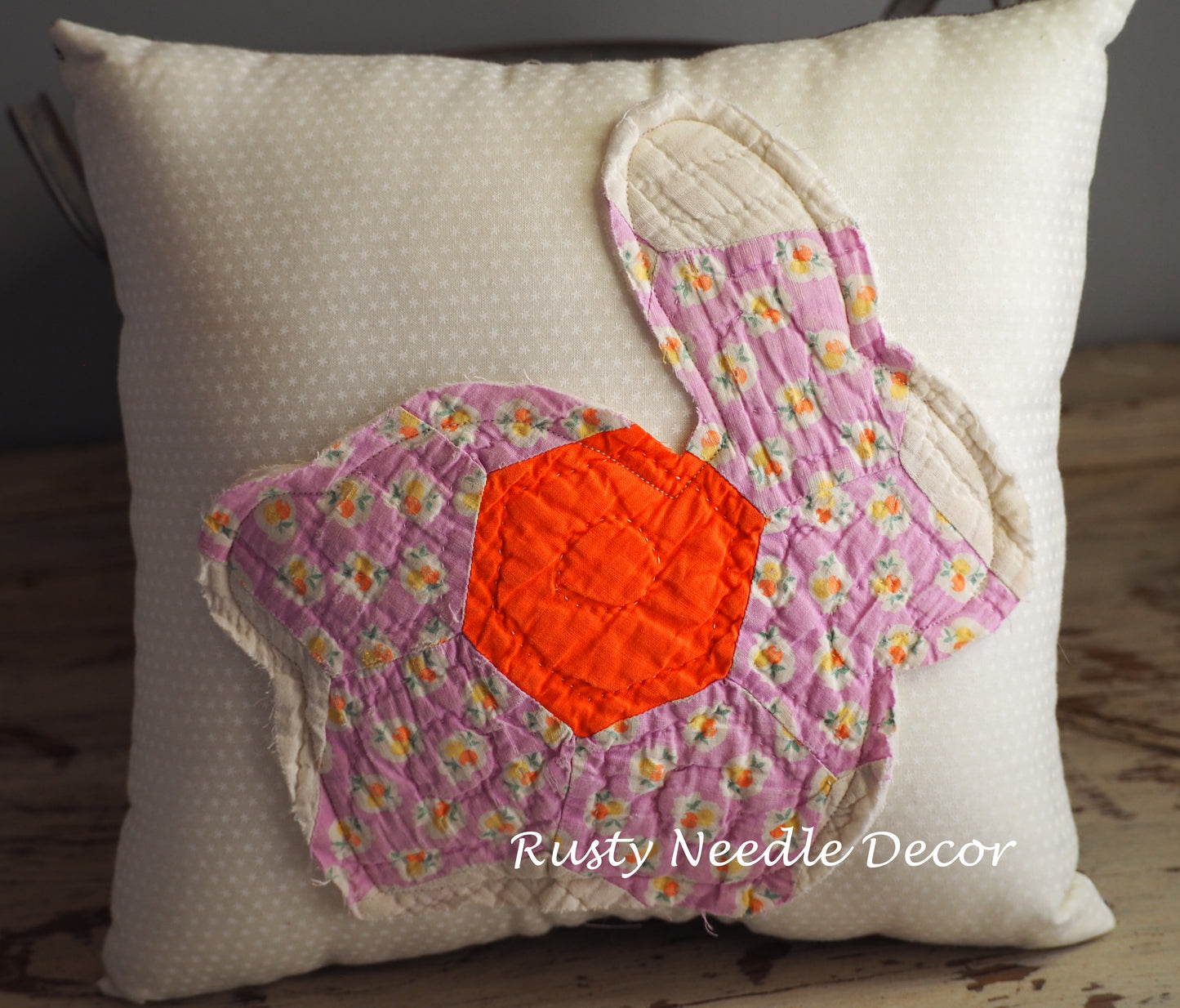 Hand made pillow with antique vintage quilt bunny