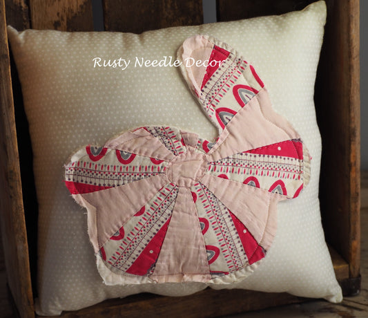 Hand made pillow with antique vintage quilt bunny