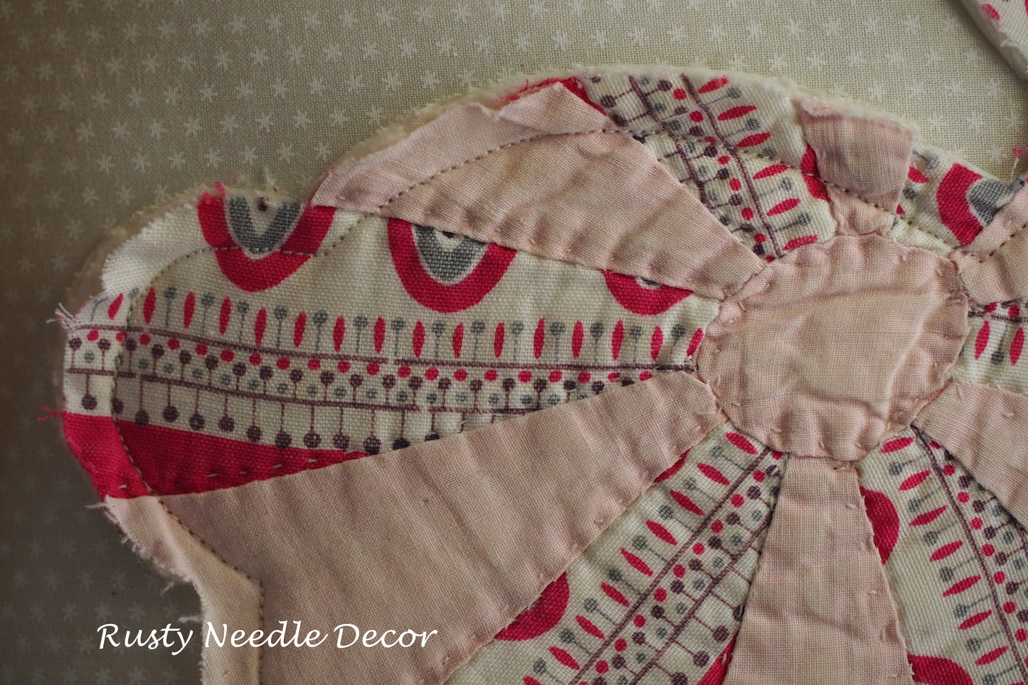 Hand made pillow with antique vintage quilt bunny