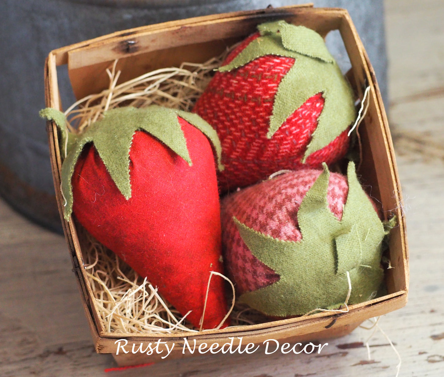 Vintage Strawberry Basket with 3 handmade strawberries