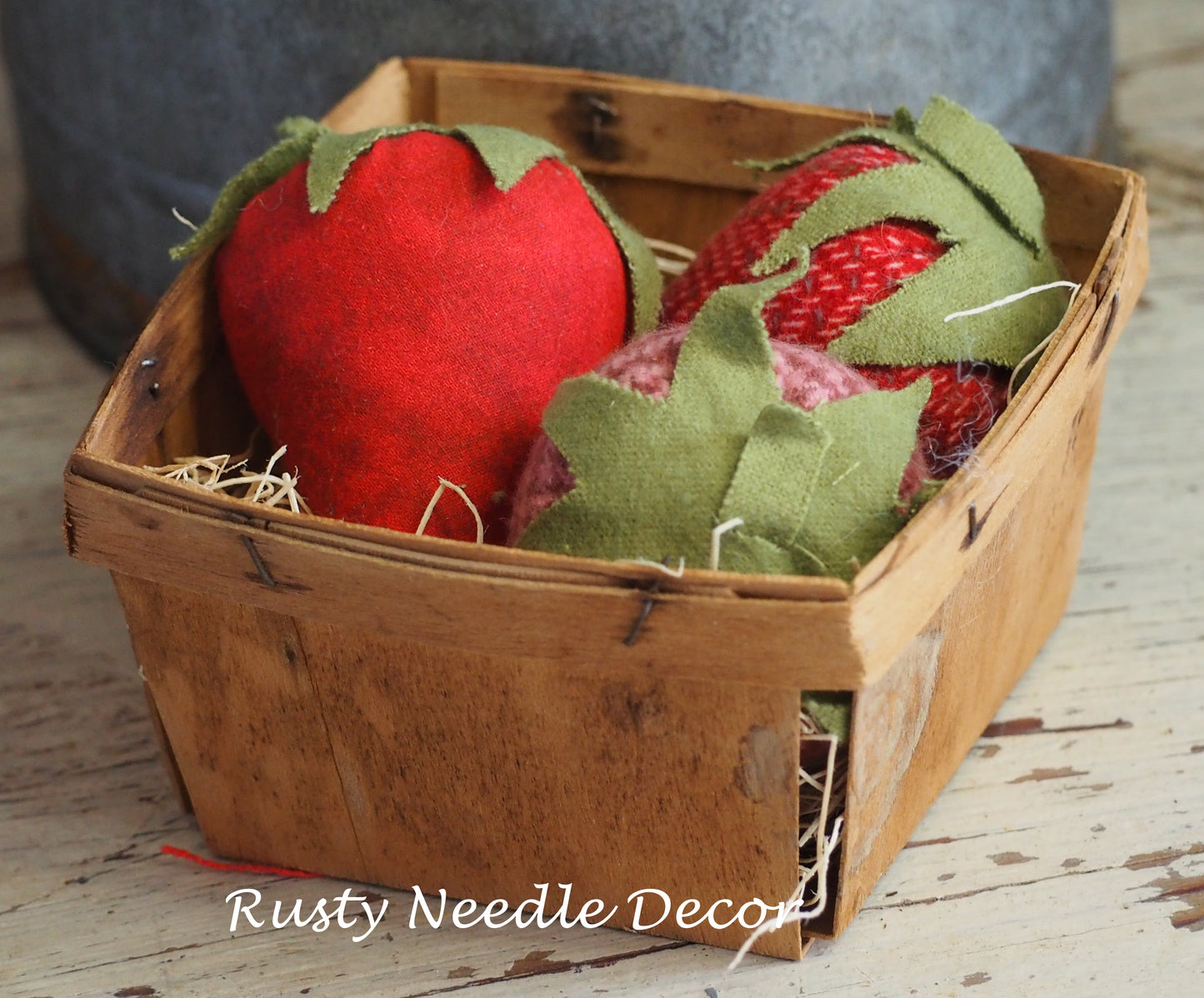 Vintage Strawberry Basket with 3 handmade strawberries