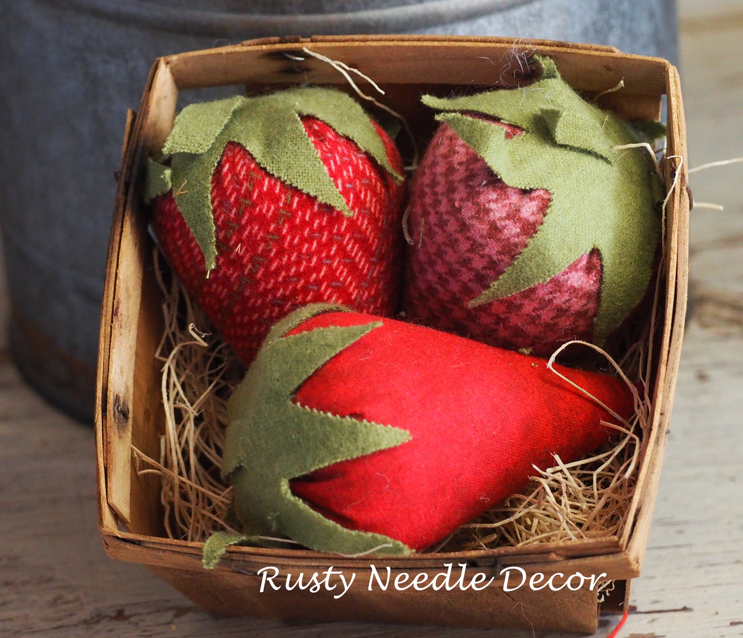 Vintage Strawberry Basket with 3 handmade strawberries