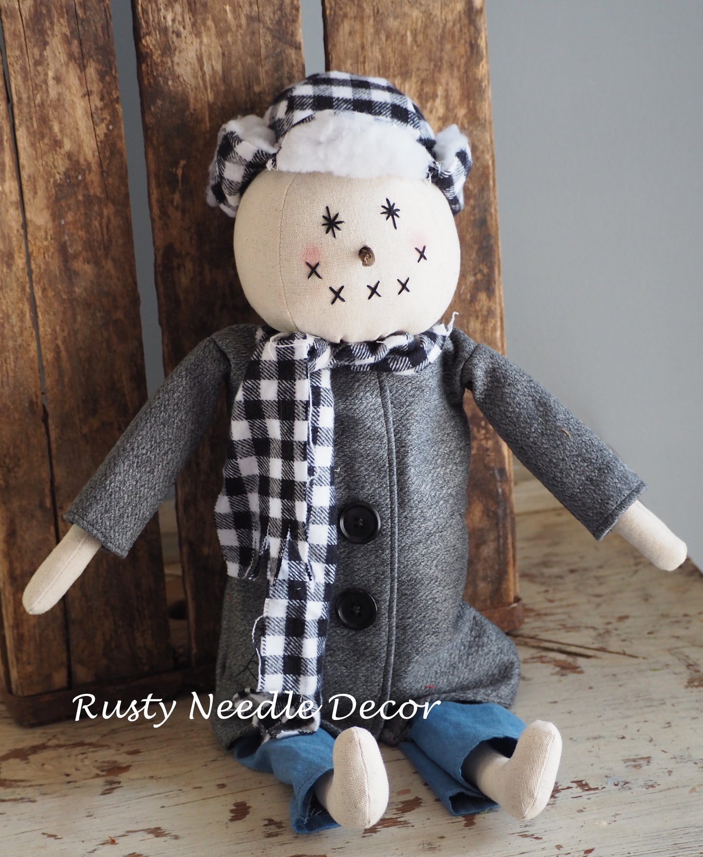 Hand Made Stuffed Snowman with Flap Cap and Handmade Coat