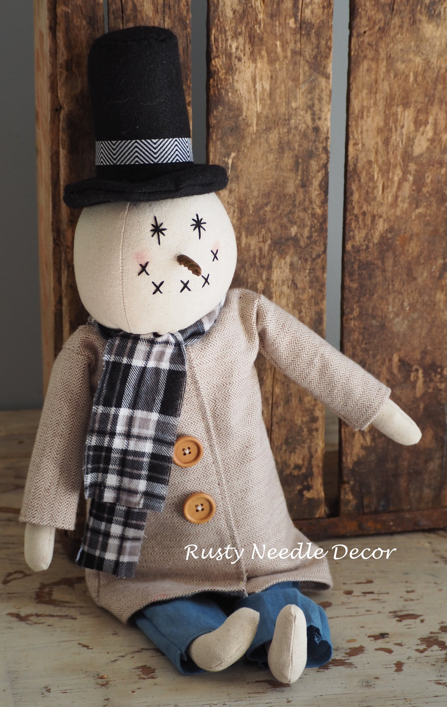 Hand Made Stuffed Snowman with Top Hat and Handmade Coat