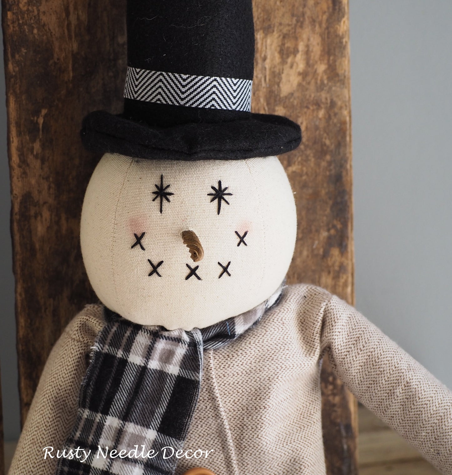 Hand Made Stuffed Snowman with Top Hat and Handmade Coat