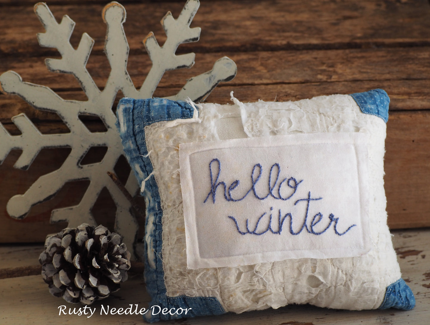 Handmade vintage quilt embroidered Hello Winter pillow