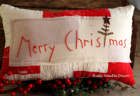 Handmade vintage quilt embroidered Merry Christmas pillow