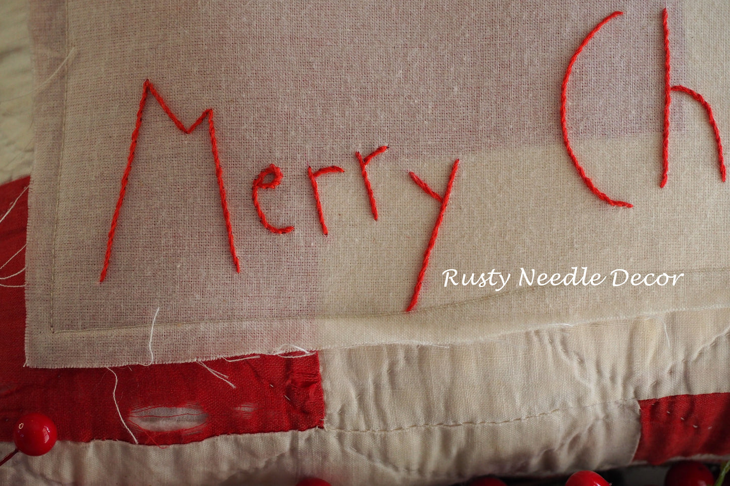 Handmade vintage quilt embroidered Merry Christmas pillow