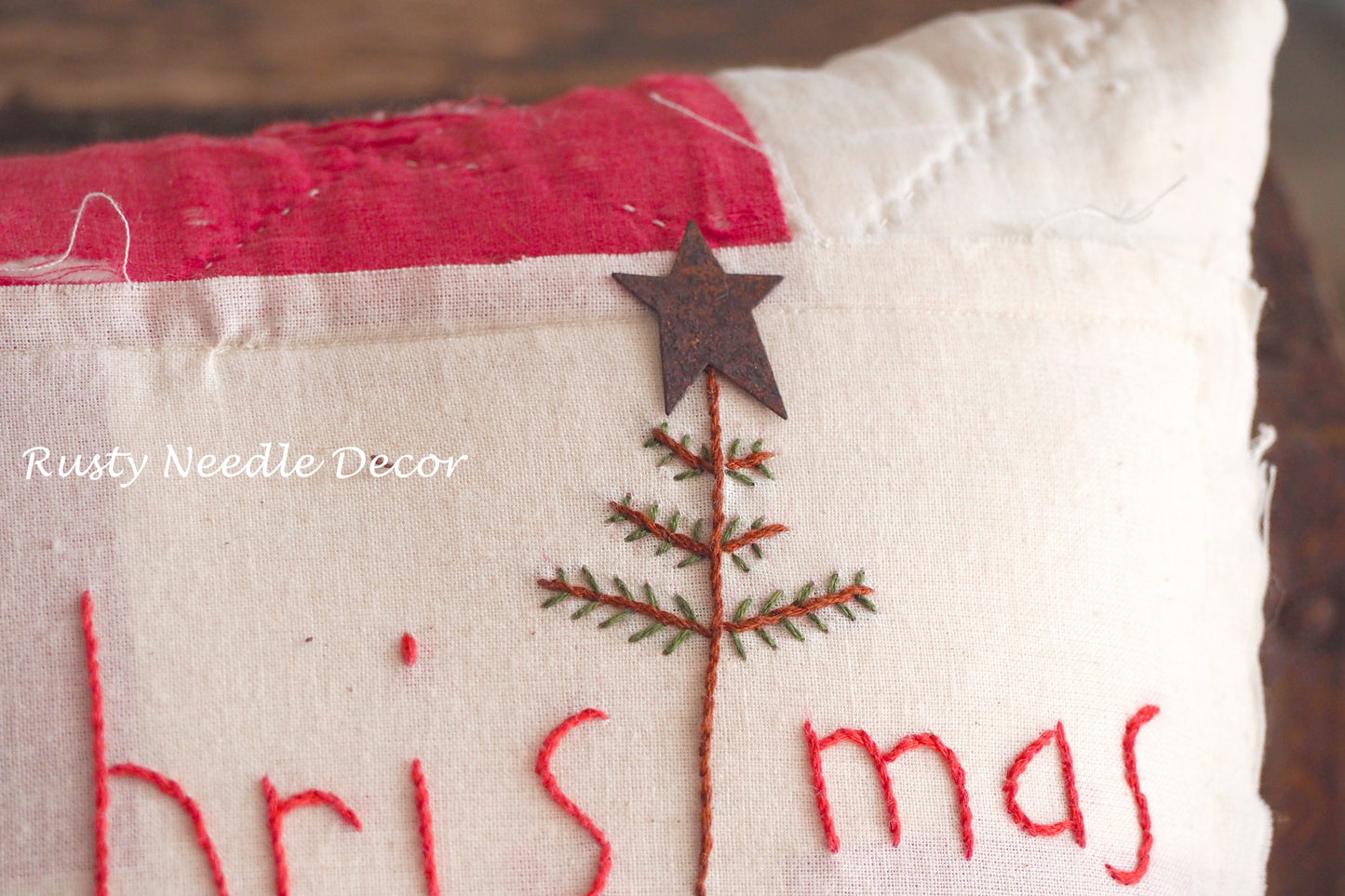 Handmade vintage quilt embroidered Merry Christmas pillow