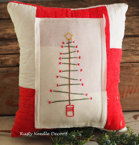 Handmade vintage quilt embroidered Christmas Tree pillow