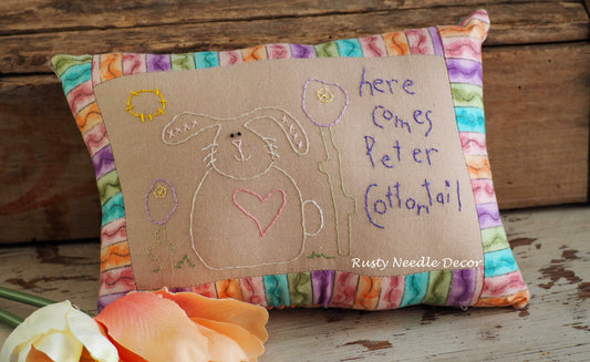 Hand Embroidered Peter Cottontail Easter Pillow