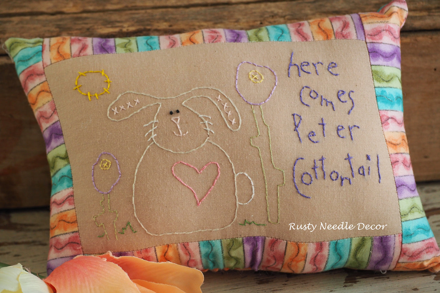 Hand Embroidered Peter Cottontail Easter Pillow