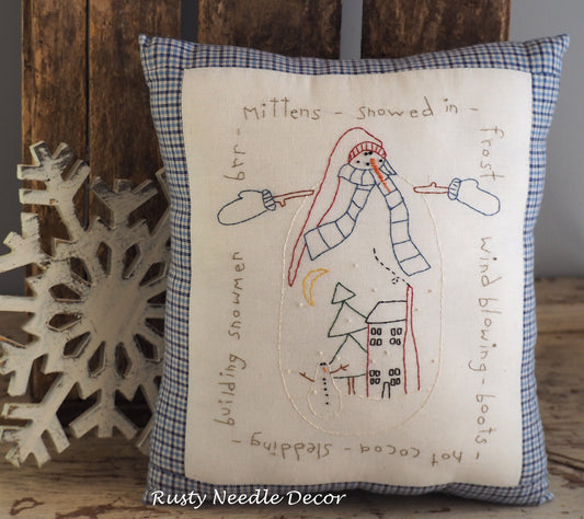 Hand Embroidered Snowman Pillow