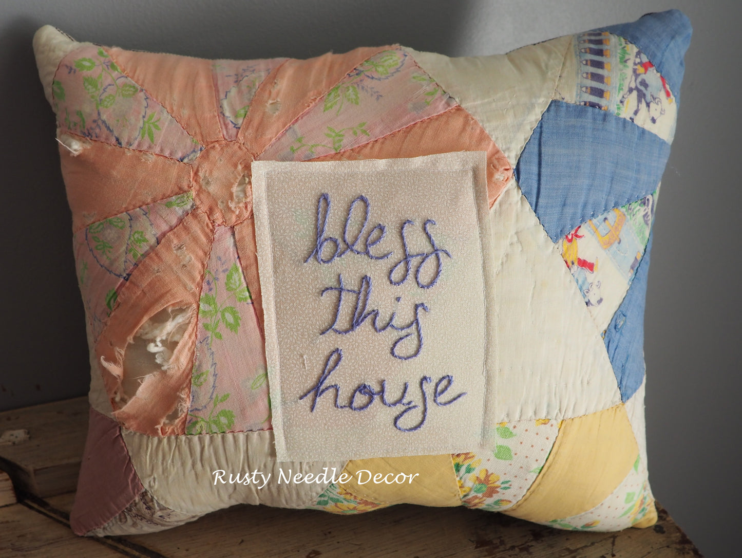 Handmade vintage quilt embroidered Bless This House pillow