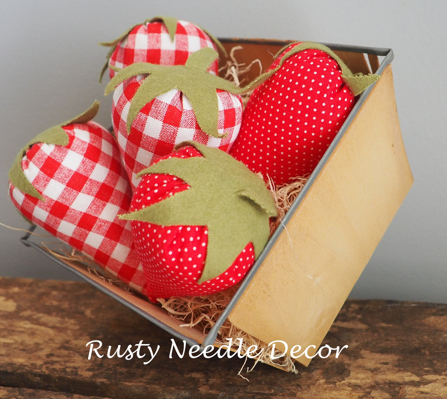 Vintage Strawberry Basket with 5 handmade strawberries