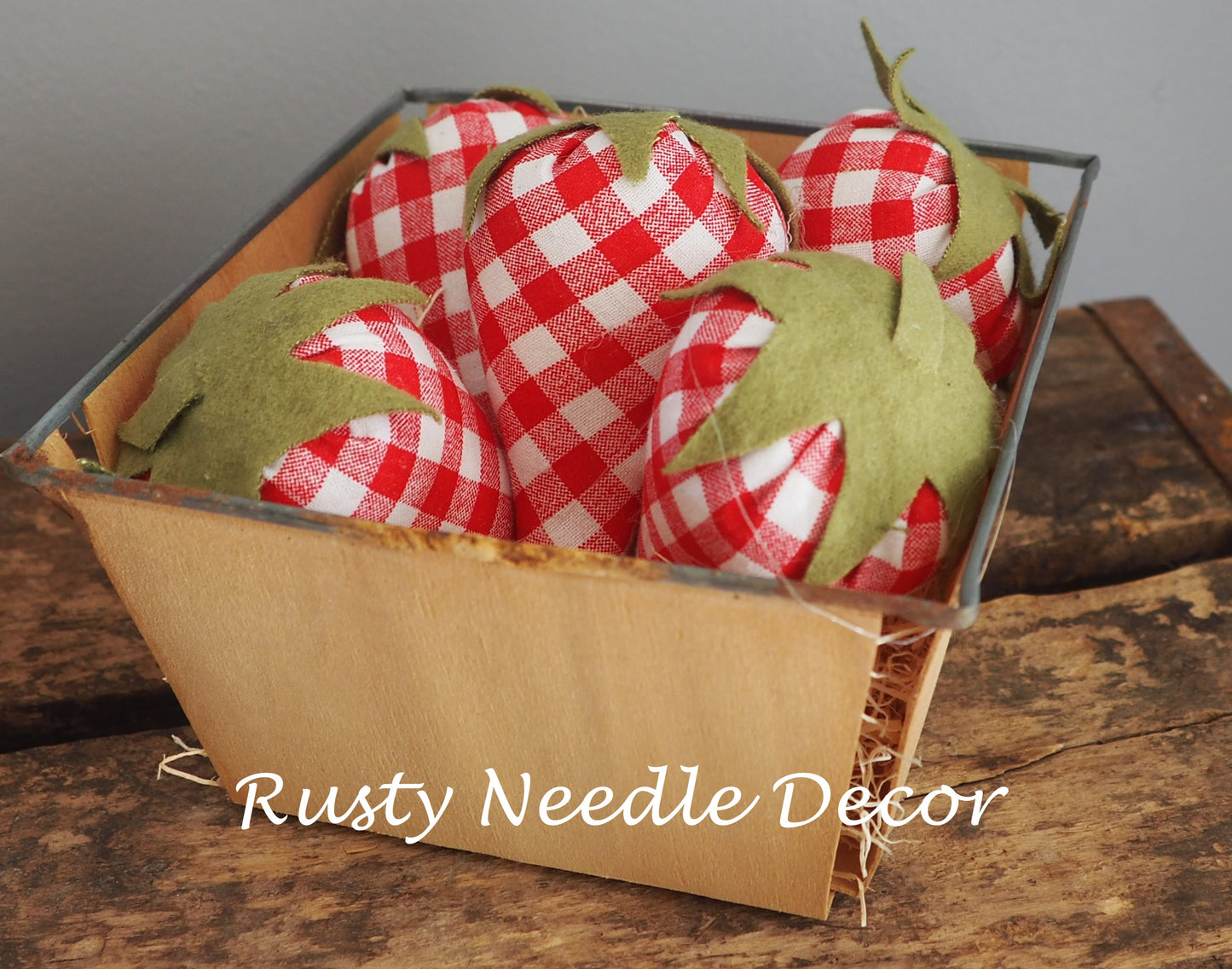 Vintage Strawberry Basket with 5 handmade strawberries