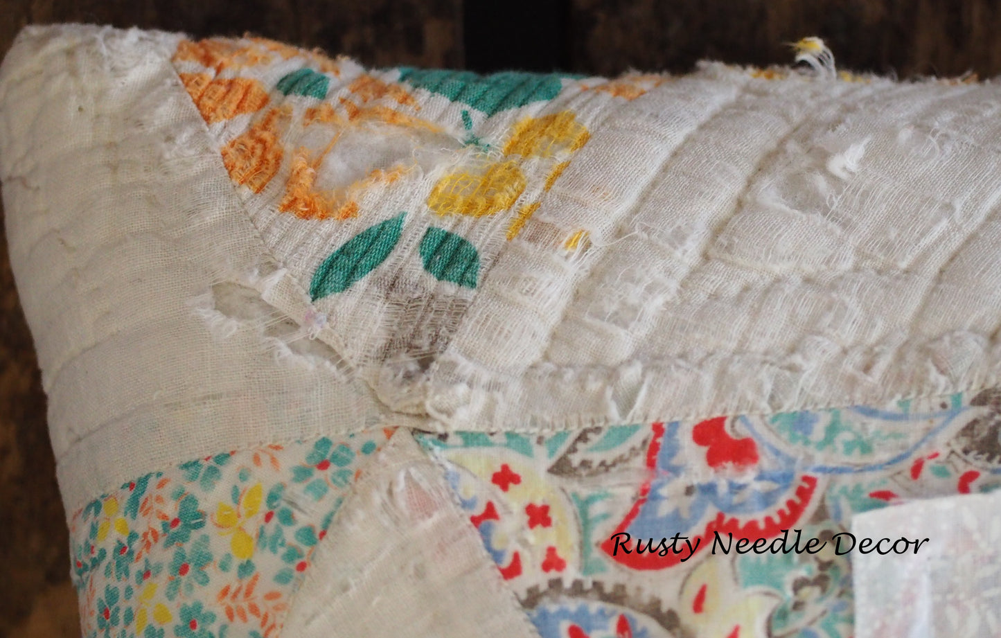 Handmade vintage quilt embroidered Bless This House pillow